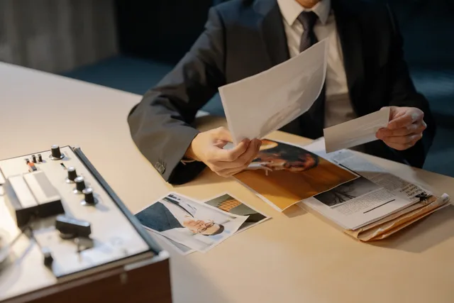 Close-up of a detective in a suit analyzing photographic evidence at a desk, suggesting investigation or inquiry. Why our review of customer data platform agencies admits no names yet