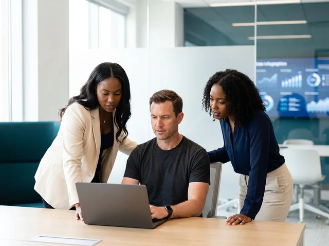 collaboration, teamwork, professionals, diversity, office, workplace, laptop, technology, company, meeting, data, analysis, discussion, business, modern, focused, strategy, project, communication, colleagues. Combining customer data platforms team roles in small teams